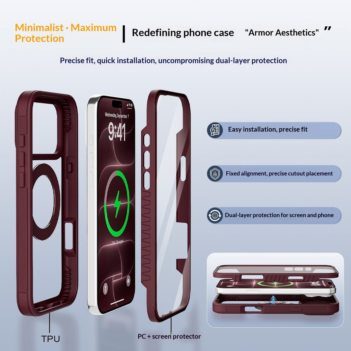 iPhone 18 Pro / 17 Pro EIDERWOOD Case with Screen Protector and Stand Function - MagSafe Compatible - Red / Transparent