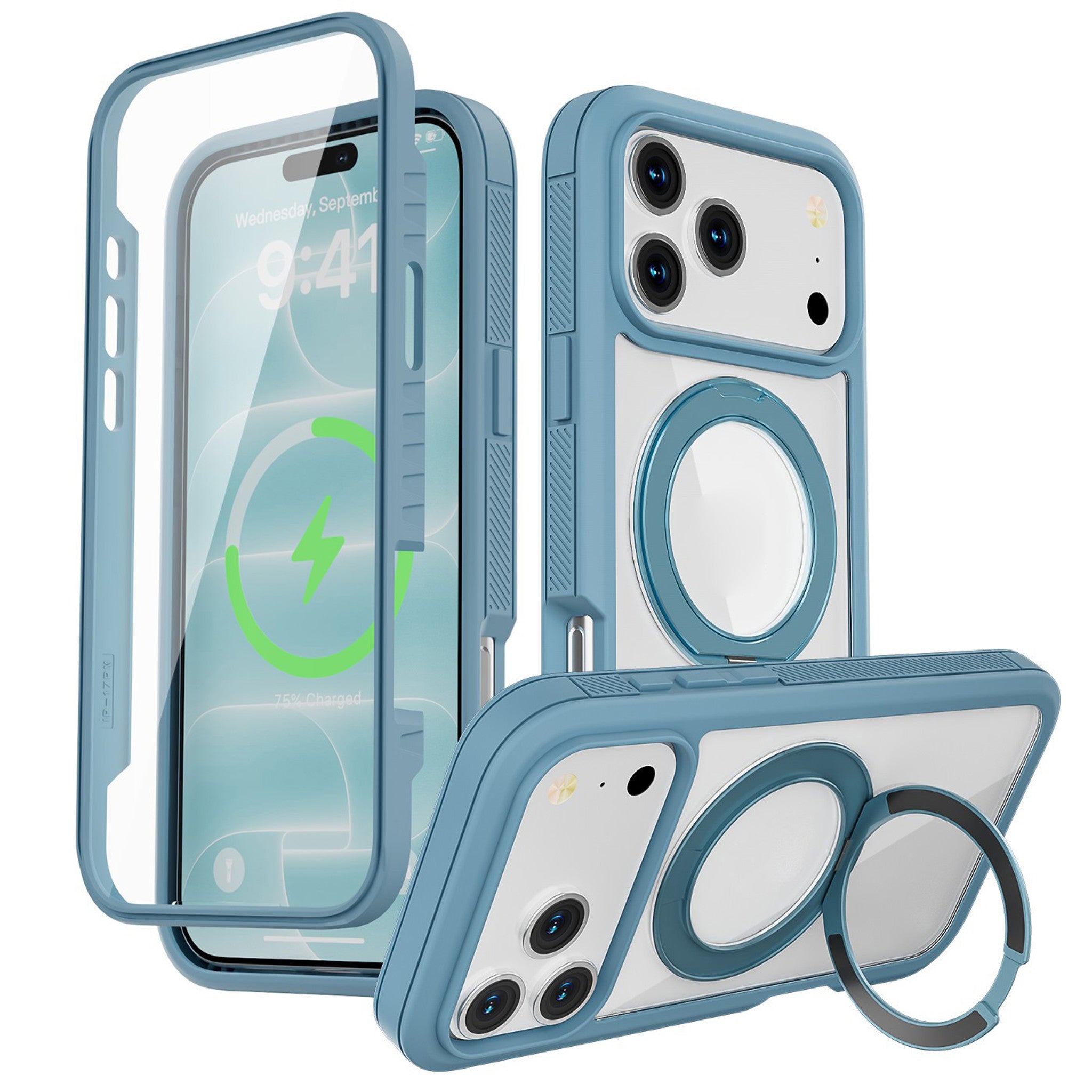 iPhone 18 Pro / 17 Pro EIDERWOOD Case with Screen Protector and Stand Function - MagSafe Compatible - Blue / Transparent