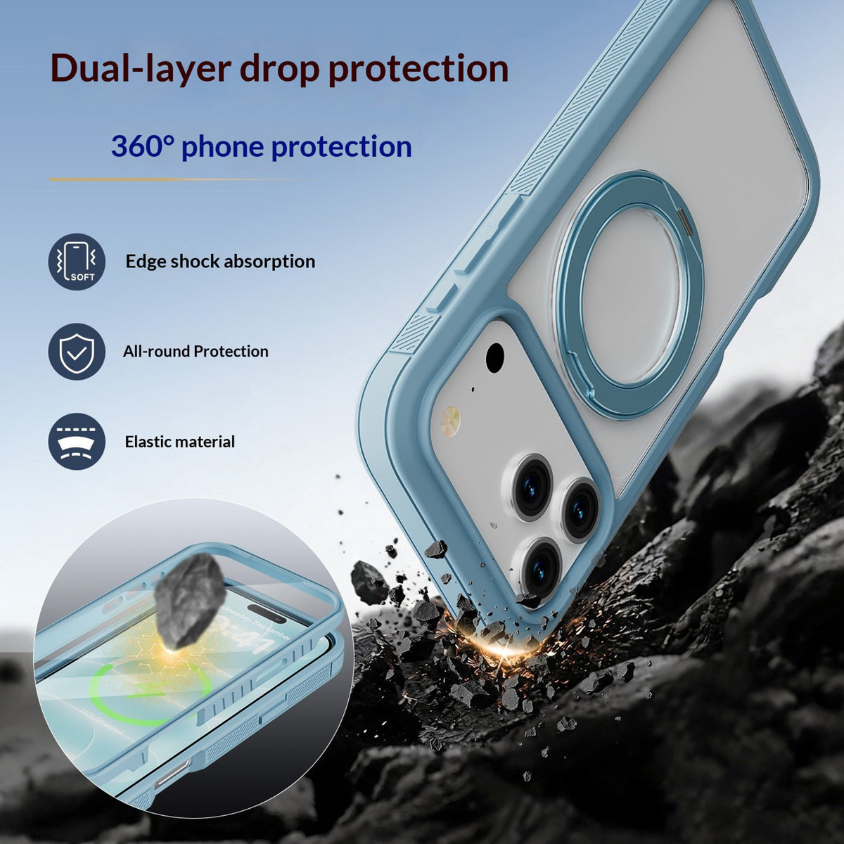 iPhone 18 Pro / 17 Pro EIDERWOOD Case with Screen Protector and Stand Function - MagSafe Compatible - Blue / Transparent