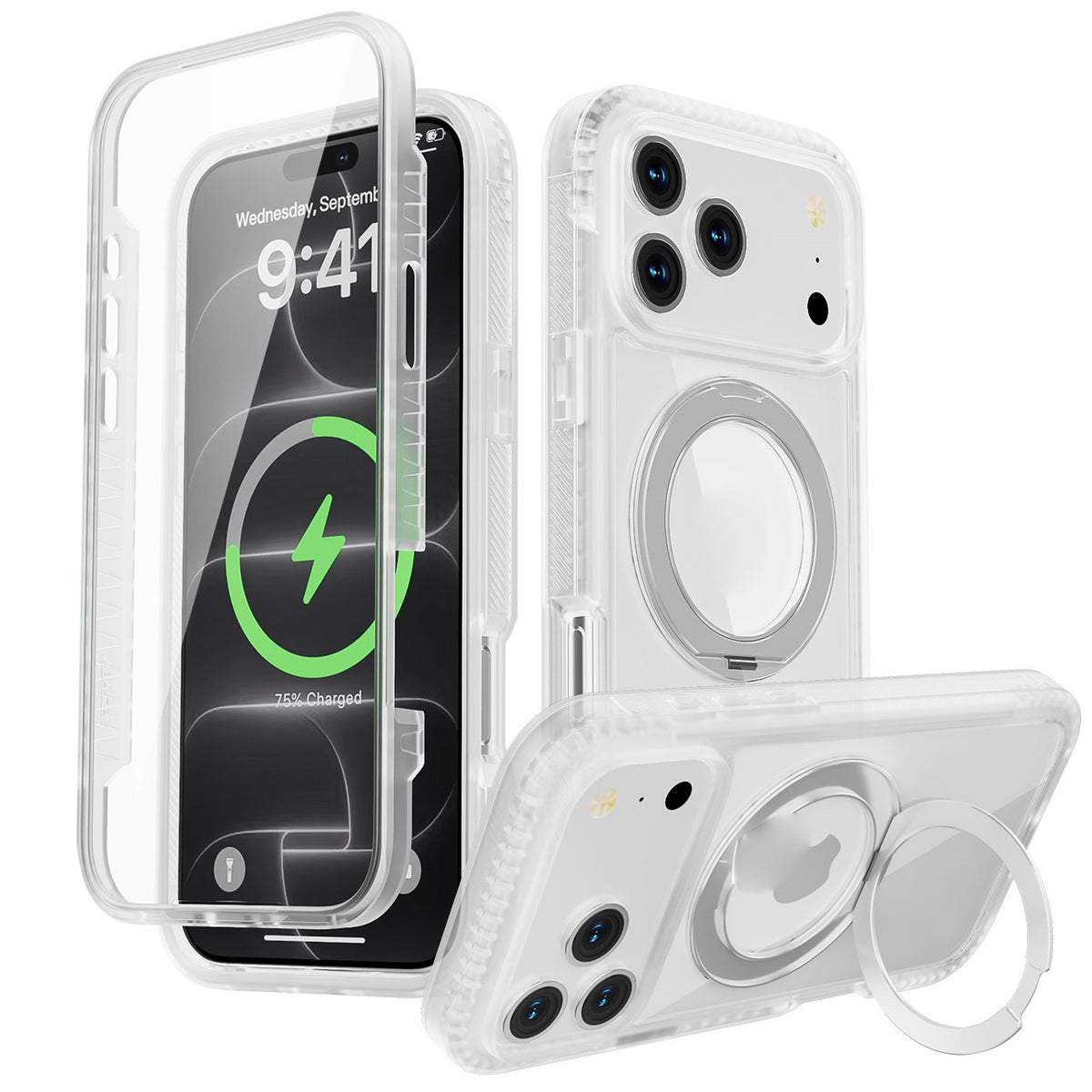 iPhone 18 Pro / 17 Pro EIDERWOOD Case with Screen Protector and Stand Function - MagSafe Compatible - White / Transparent