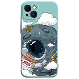 iPhone 14 Flexible Case of Plastic w. Print - Astronaut On The Moon / Turquoise