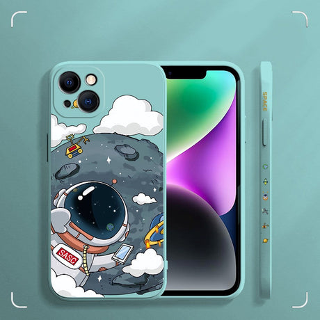 iPhone 14 Flexible Case of Plastic w. Print - Astronaut On The Moon / Turquoise