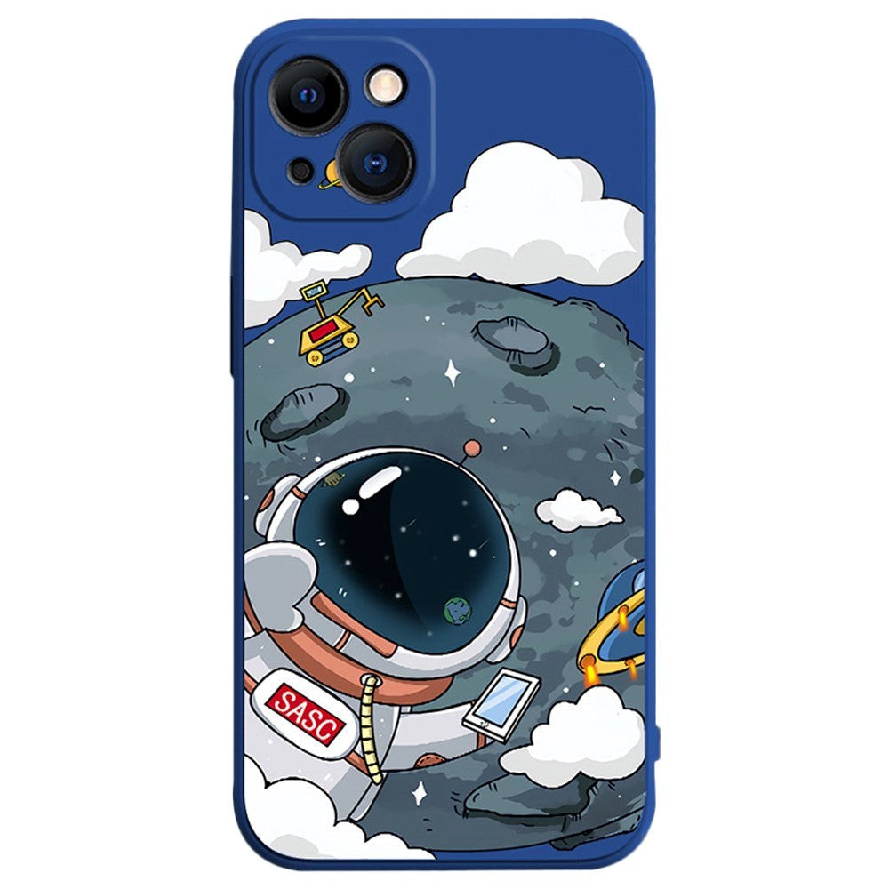 iPhone 14 Flexible Case of Plastic w. Print - Astronaut On The Moon / Blue