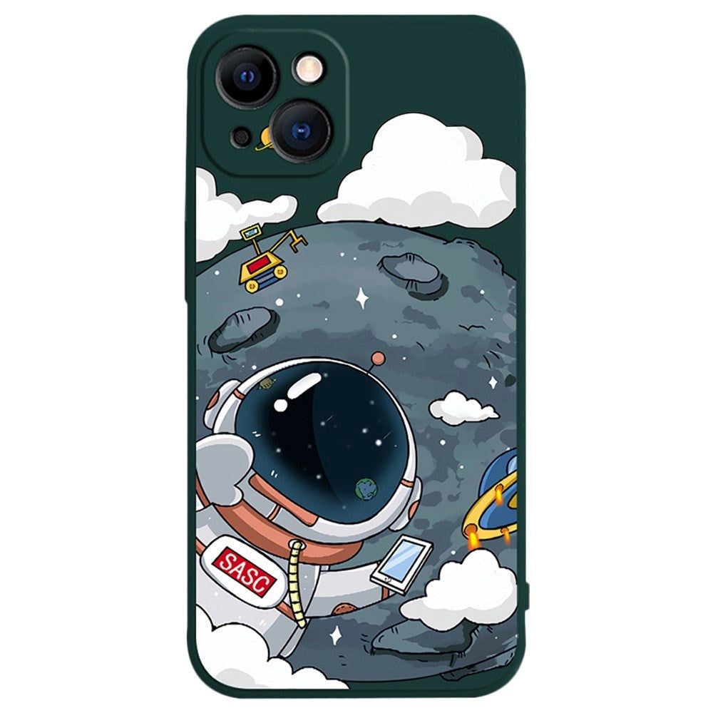 iPhone 14 Flexible Case of Plastic w. Print - Astronaut On The Moon / Green