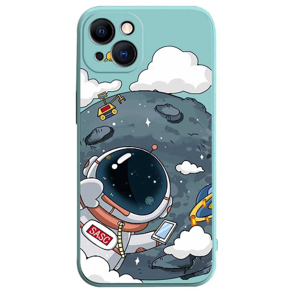 iPhone 14 Plus Flexible Case of Plastic w. Print - Astronaut On The Moon / Turquoise