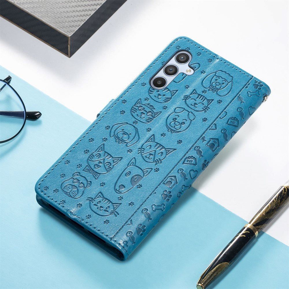 Samsung Galaxy A54 (5G) Leather Flip Case with Wallet and Strap - Dogs & Cats - Blue