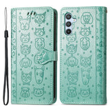 Samsung Galaxy A54 (5G) Leather Flip Case with Wallet and Strap - Dogs & Cats - Green