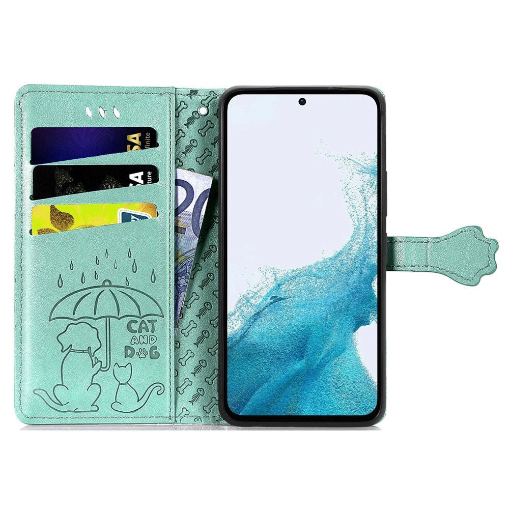 Samsung Galaxy A54 (5G) Leather Flip Case with Wallet and Strap - Dogs & Cats - Green