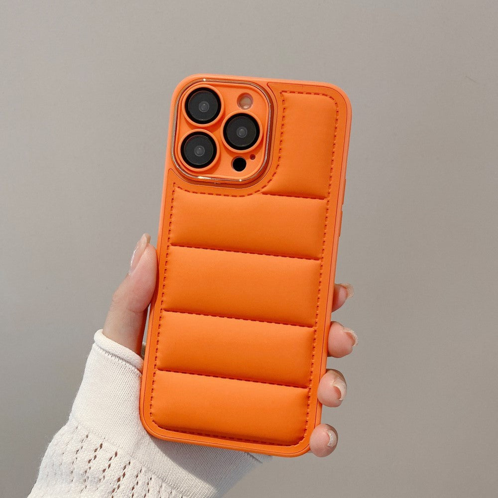 iPhone 14 Pro Max Leather Covered 3D Plastic Back Case w. Camera Lens Protection - Orange