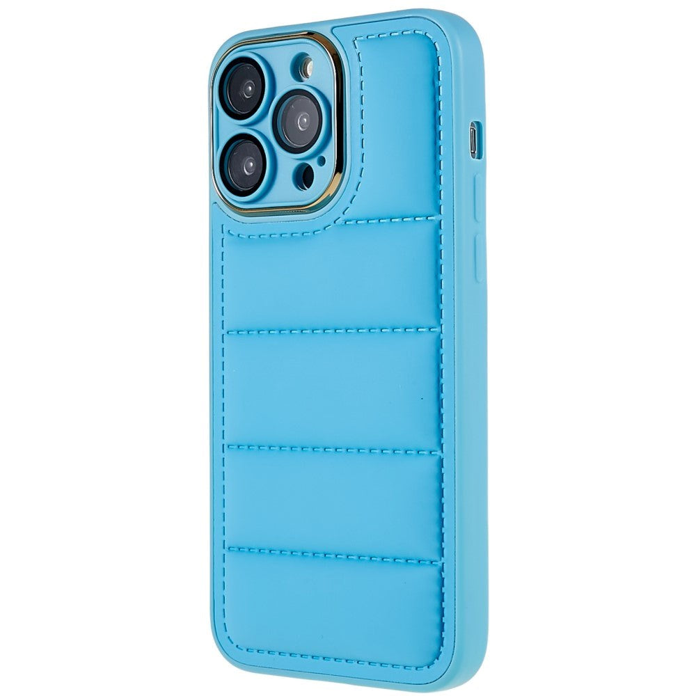 iPhone 14 Pro Max Leather Covered 3D Plastic Back Case w. Camera Lens Protection - Blue