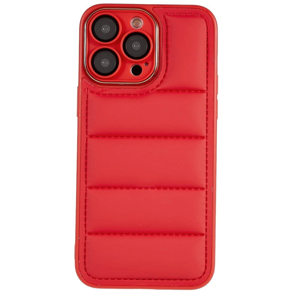 iPhone 14 Pro Max Leather Covered 3D Plastic Back Case w. Camera Lens Protection - Red