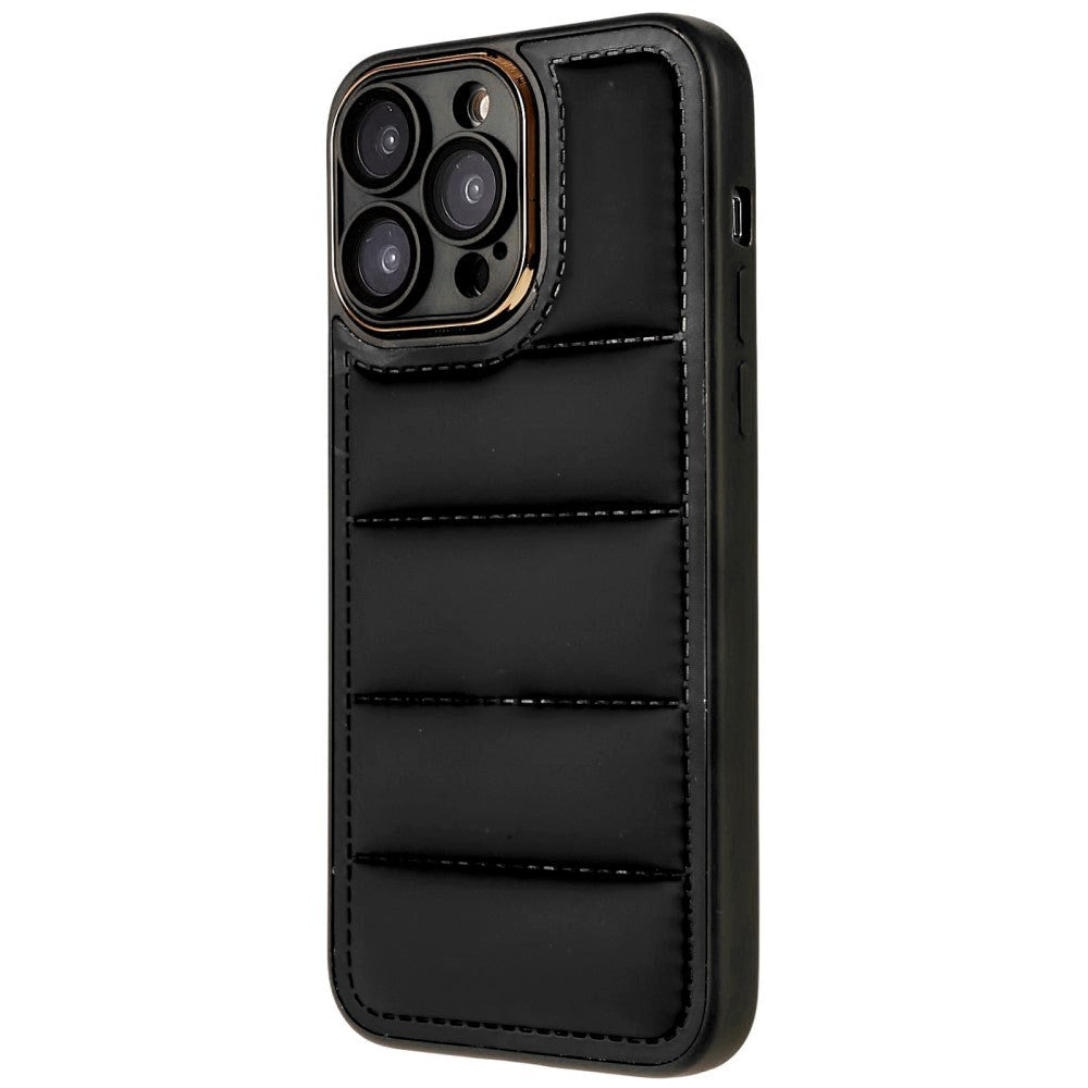 iPhone 14 Pro Max Leather Covered 3D Plastic Back Case w. Camera Lens Protection - Black