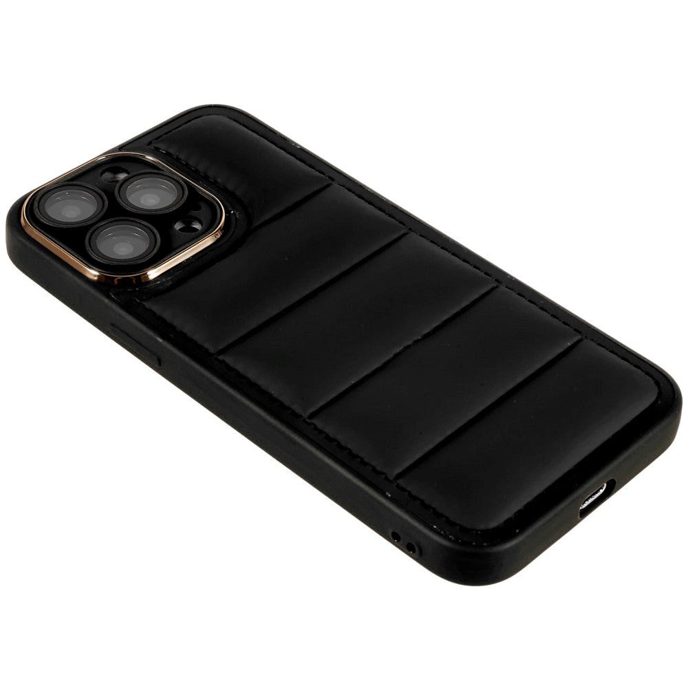 iPhone 14 Pro Max Leather Covered 3D Plastic Back Case w. Camera Lens Protection - Black