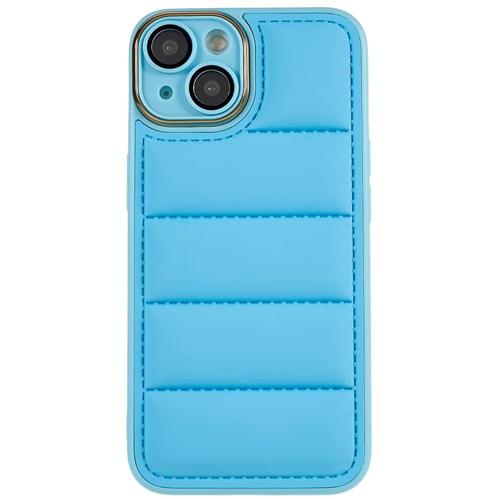 iPhone 13 Leather Covered 3D Plastic Back Case w. Camera Lens Protection - Blue