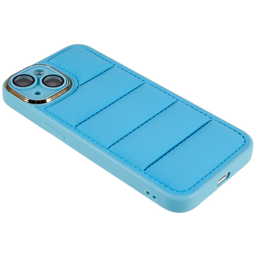 iPhone 13 Leather Covered 3D Plastic Back Case w. Camera Lens Protection - Blue