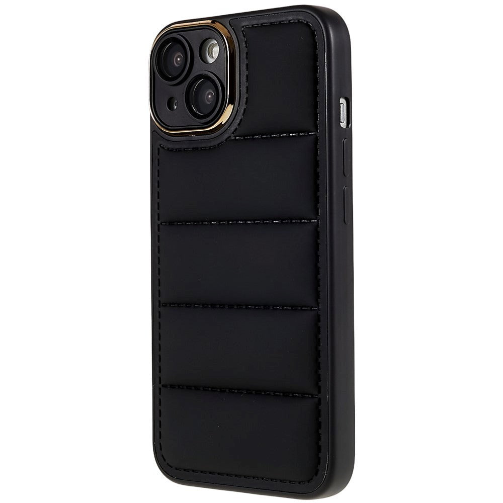 iPhone 13 Leather Covered 3D Plastic Back Case w. Camera Lens Protection - Black