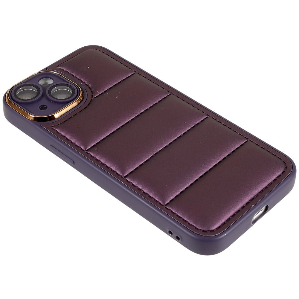 iPhone 13 Leather Covered 3D Plastic Back Case w. Camera Lens Protection - Purple