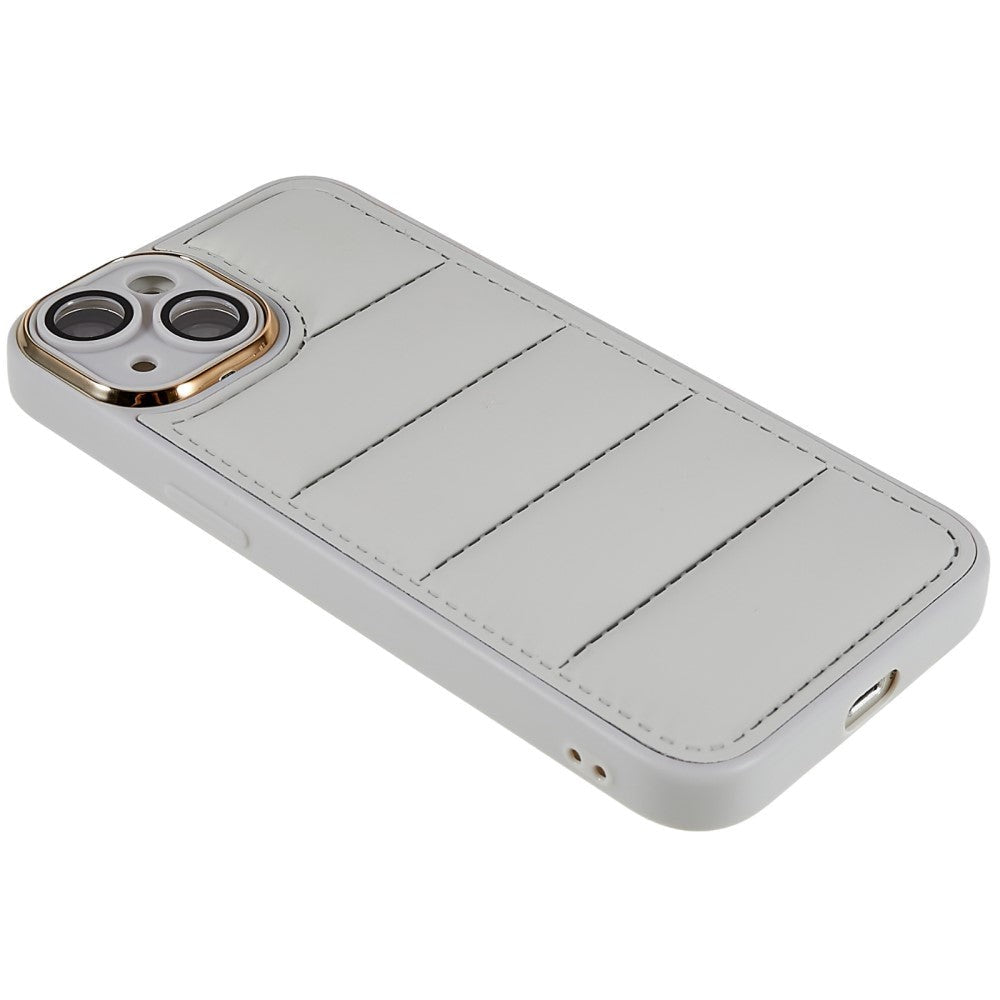 iPhone 14 Leather Covered 3D Plastic Back Case w. Camera Lens Protection - Grey