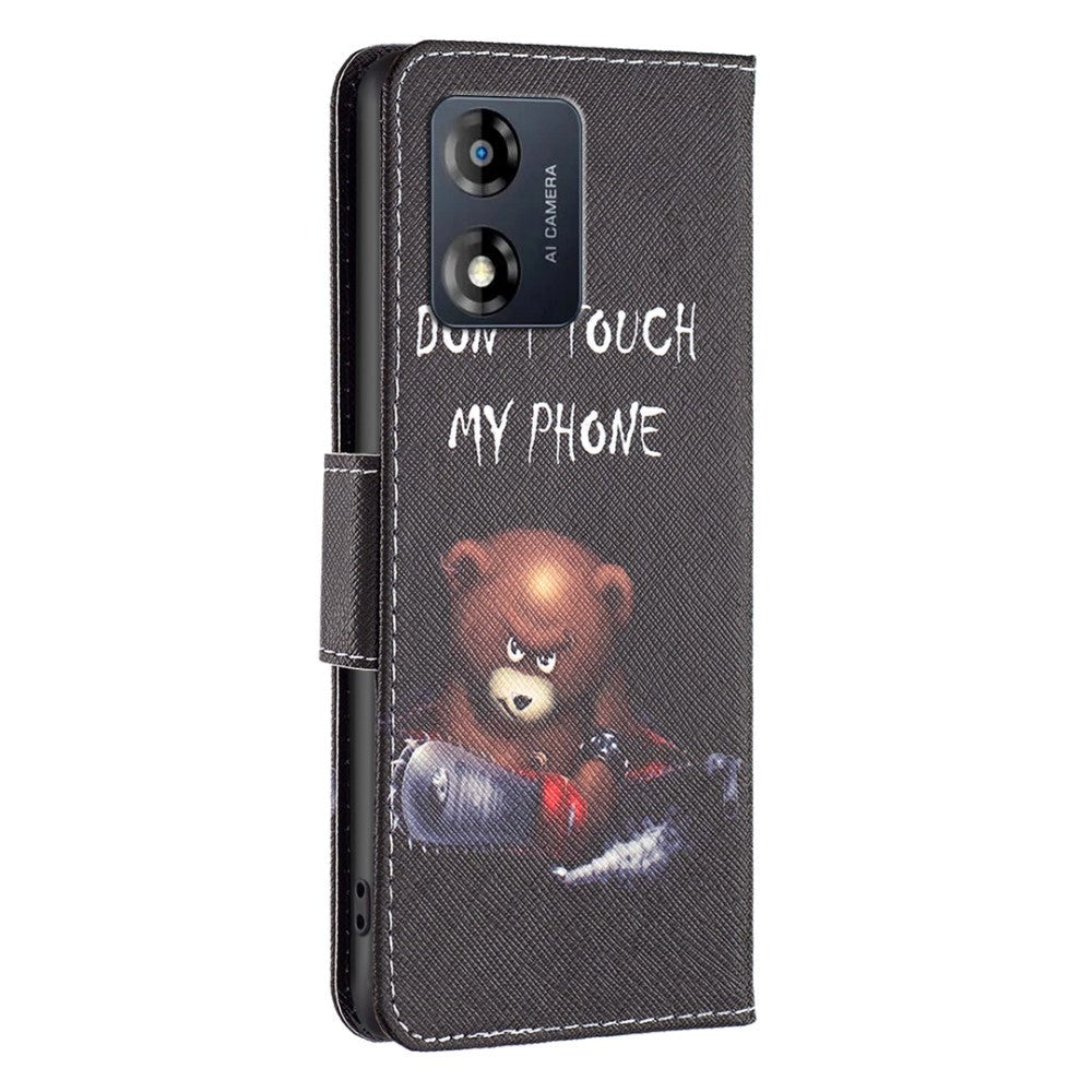 Motorola Moto E13 Leather Wallet Case w. Print - "Don't Touch My Phone" Bear