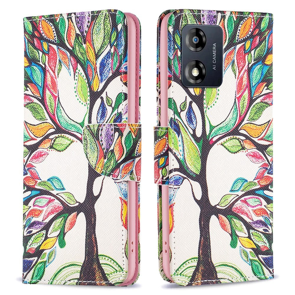 Motorola Moto E13 Leather Wallet Case w. Print - Colorful Tree