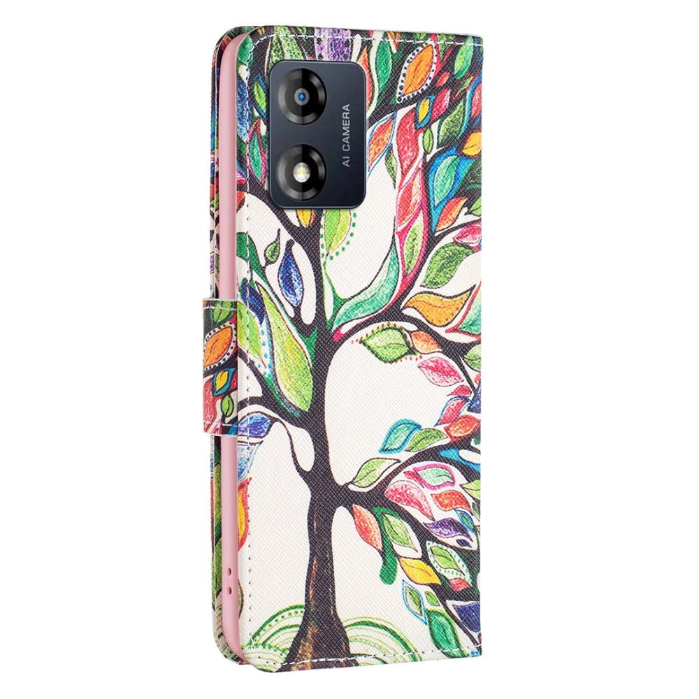 Motorola Moto E13 Leather Wallet Case w. Print - Colorful Tree