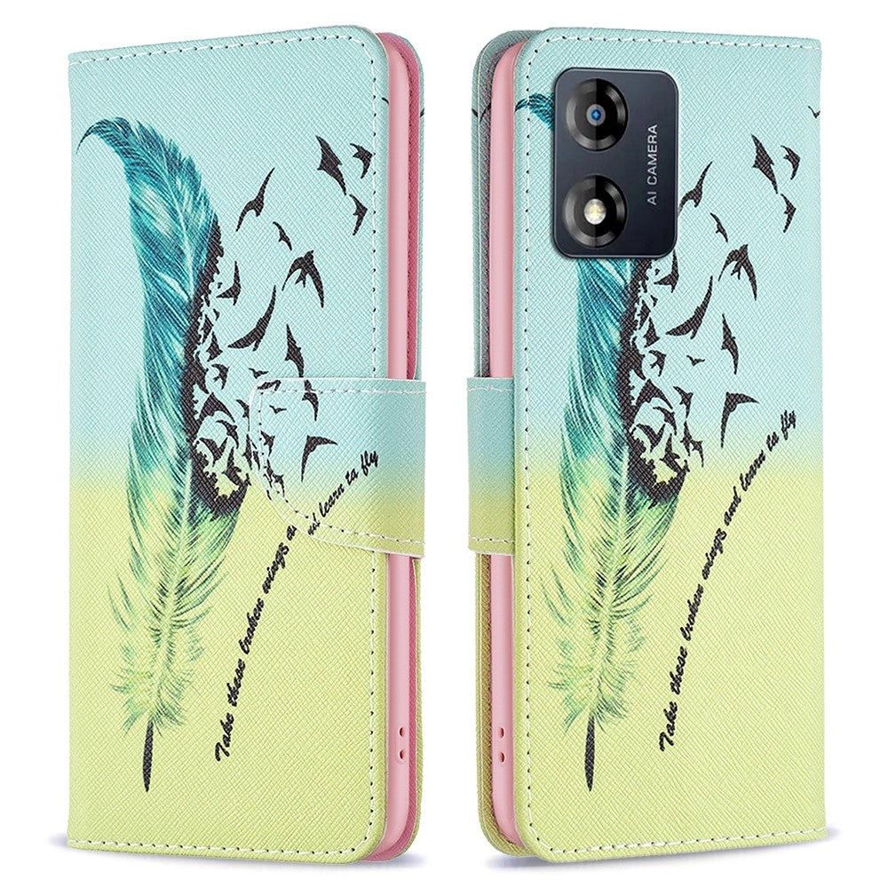 Motorola Moto E13 Leather Wallet Case w. Print - Feather