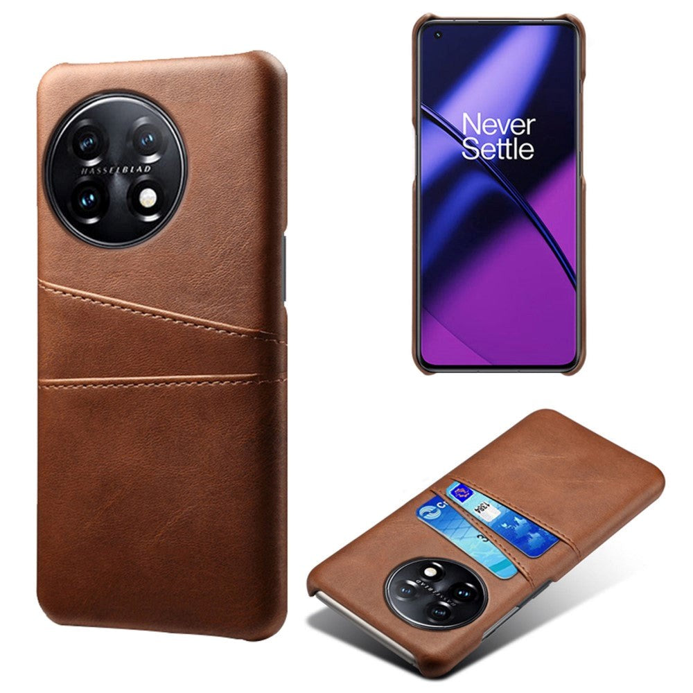 OnePlus 11 Leather Coated Plastic Case with Card Holder - Brown