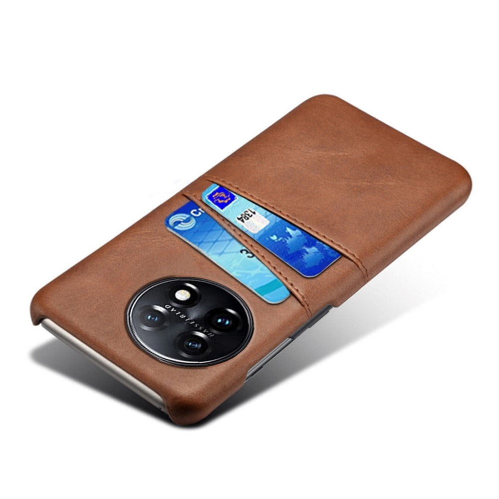 OnePlus 11 Leather Coated Plastic Case with Card Holder - Brown