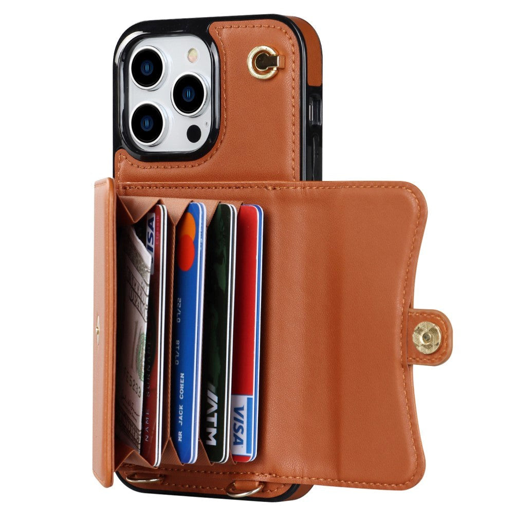 iPhone 14 Pro Leather-Covered Plastic Case w. Wallet and Strap - Brown