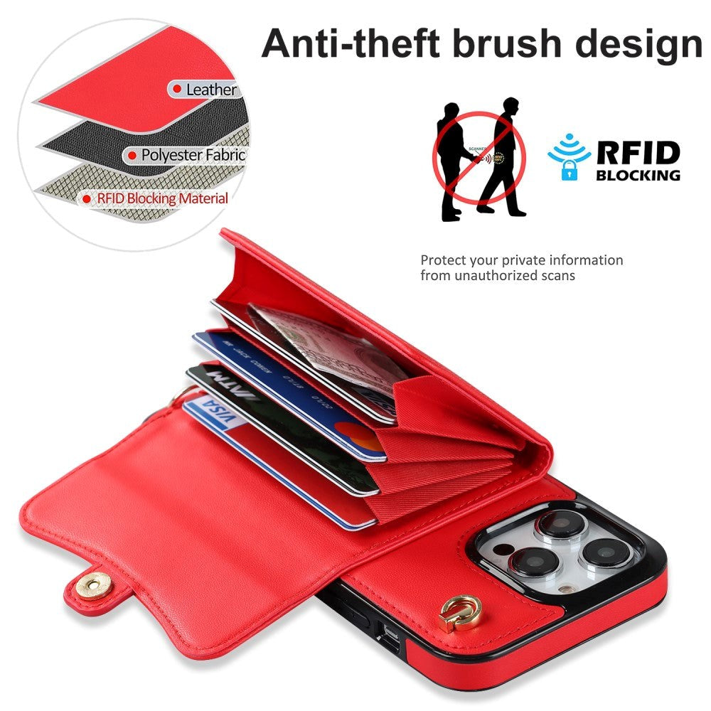 iPhone 14 Pro Leather-Covered Plastic Case w. Wallet and Strap - Red