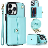 iPhone 14 Pro Leather-Covered Plastic Case w. Wallet and Strap - Light Blue