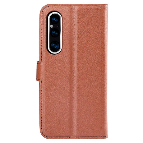 Sony Xperia 1 V Litchi Leather Flip Case w. Wallet - Brown