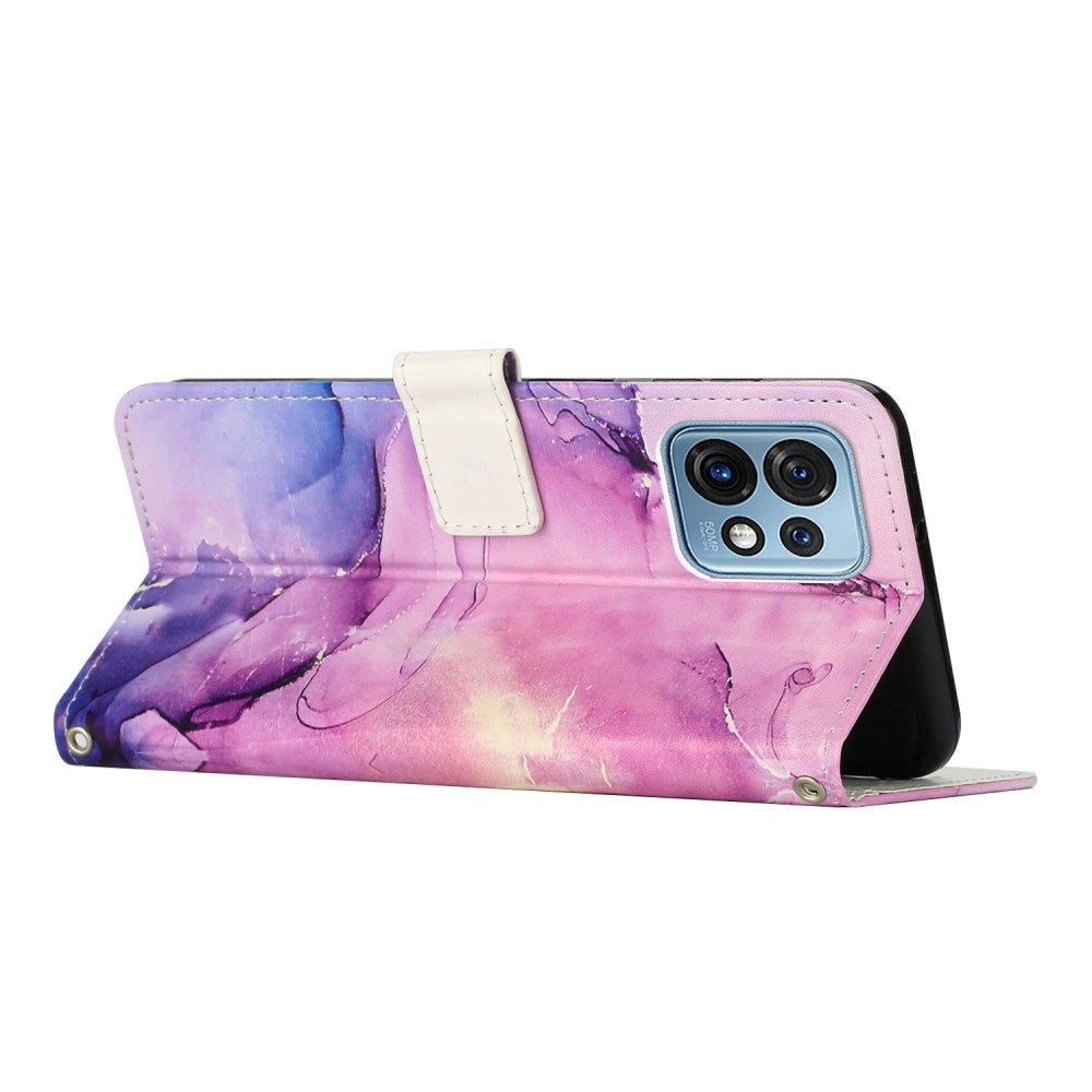 Motorola Edge 40 Pro Leather Flip Case w. Wallet & Strap - Marble - Purple / Pink