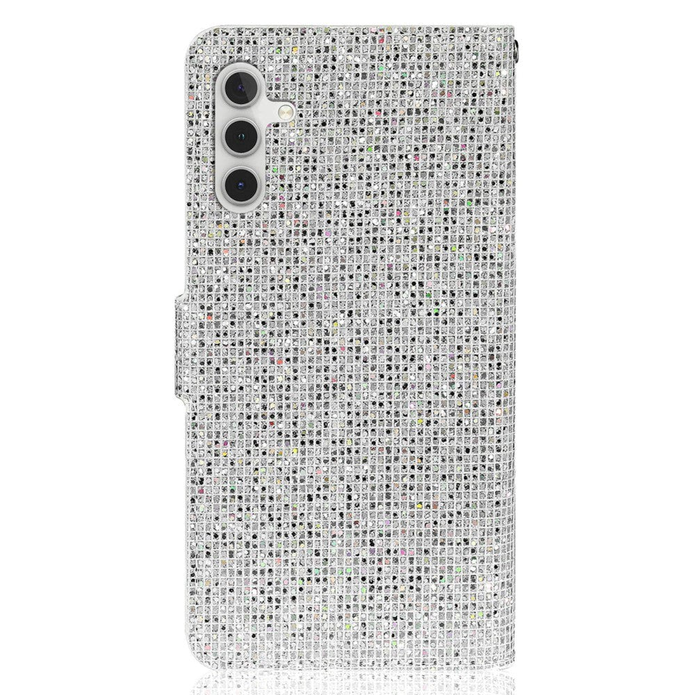 Samsung Galaxy A24 PU Leather Flip Case with Wallet & Strap - Glitter Design - Silver