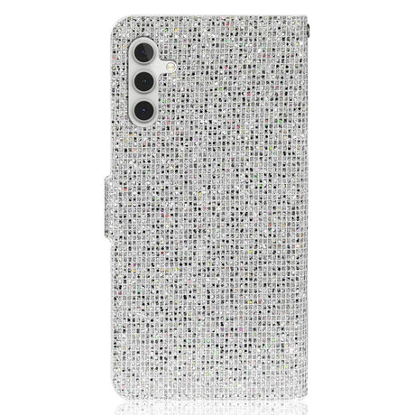 Samsung Galaxy A24 PU Leather Flip Case with Wallet & Strap - Glitter Design - Silver