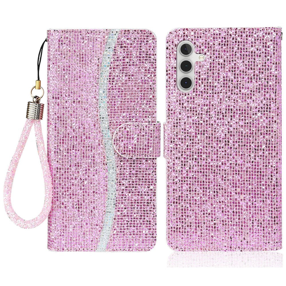 Samsung Galaxy A34 (5G) PU Leather Flip Case with Wallet & Strap - Glitter Design - Pink