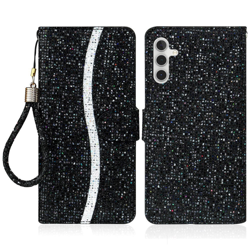 Samsung Galaxy A54 (5G) PU Leather Flip Case with Wallet & Strap - Glitter Design - Black