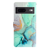 Google Pixel 7 PU Leather Flip Case w. Wallet and Strap - Green Marble