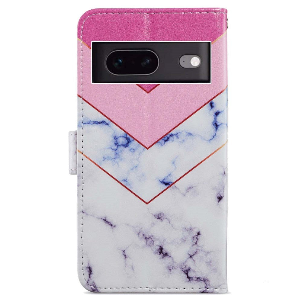 Google Pixel 7 PU Leather Flip Case w. Wallet and Strap - Pink Marble