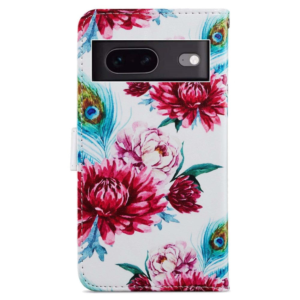 Google Pixel 7 PU Leather Flip Case w. Wallet and Strap - Peacock / Flowers