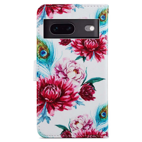 Google Pixel 7 PU Leather Flip Case w. Wallet and Strap - Peacock / Flowers