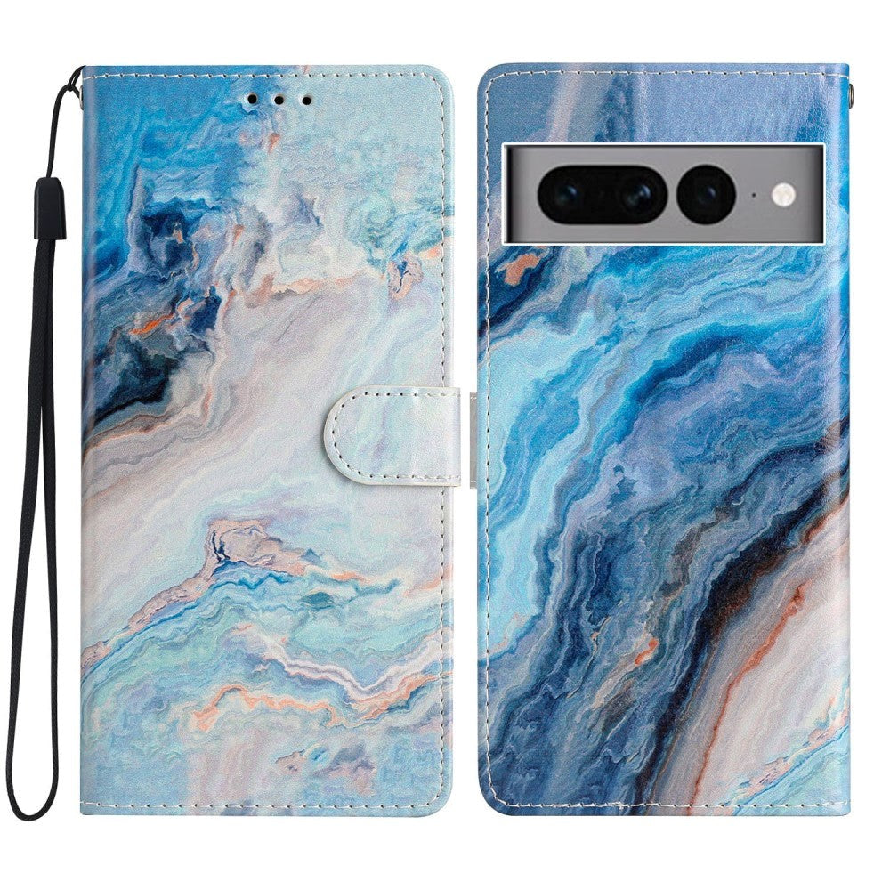 Google Pixel 7 Pro PU Leather Flip Case w. Wallet and Strap - Blue Marble