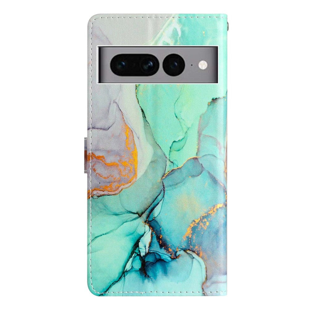 Google Pixel 7 Pro PU Leather Flip Case w. Wallet and Strap - Green Marble