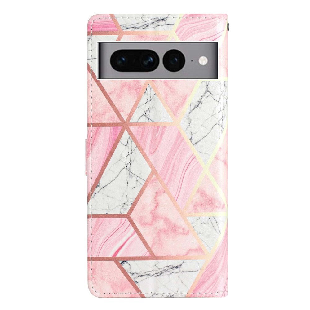 Google Pixel 7 Pro PU Leather Flip Case w. Wallet and Strap - Pink Marble