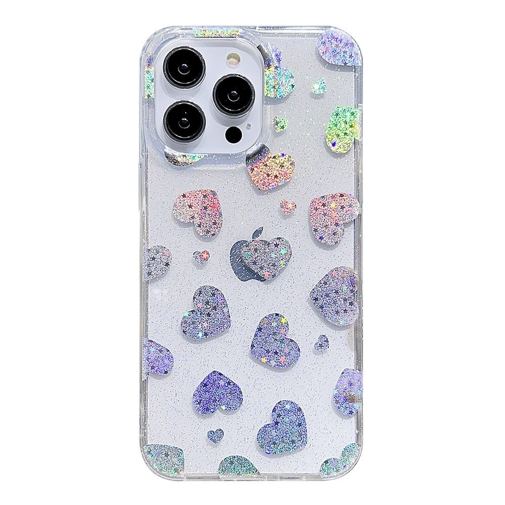 iPhone 14 Pro Hybrid Glitter Plastic Case - Hearts