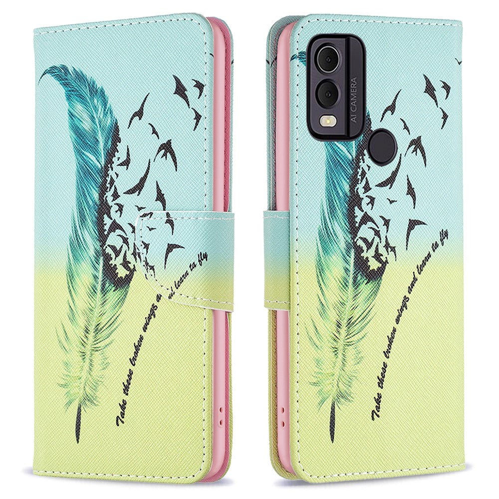 Nokia C22 Leather Wallet Case w. Print - Feather