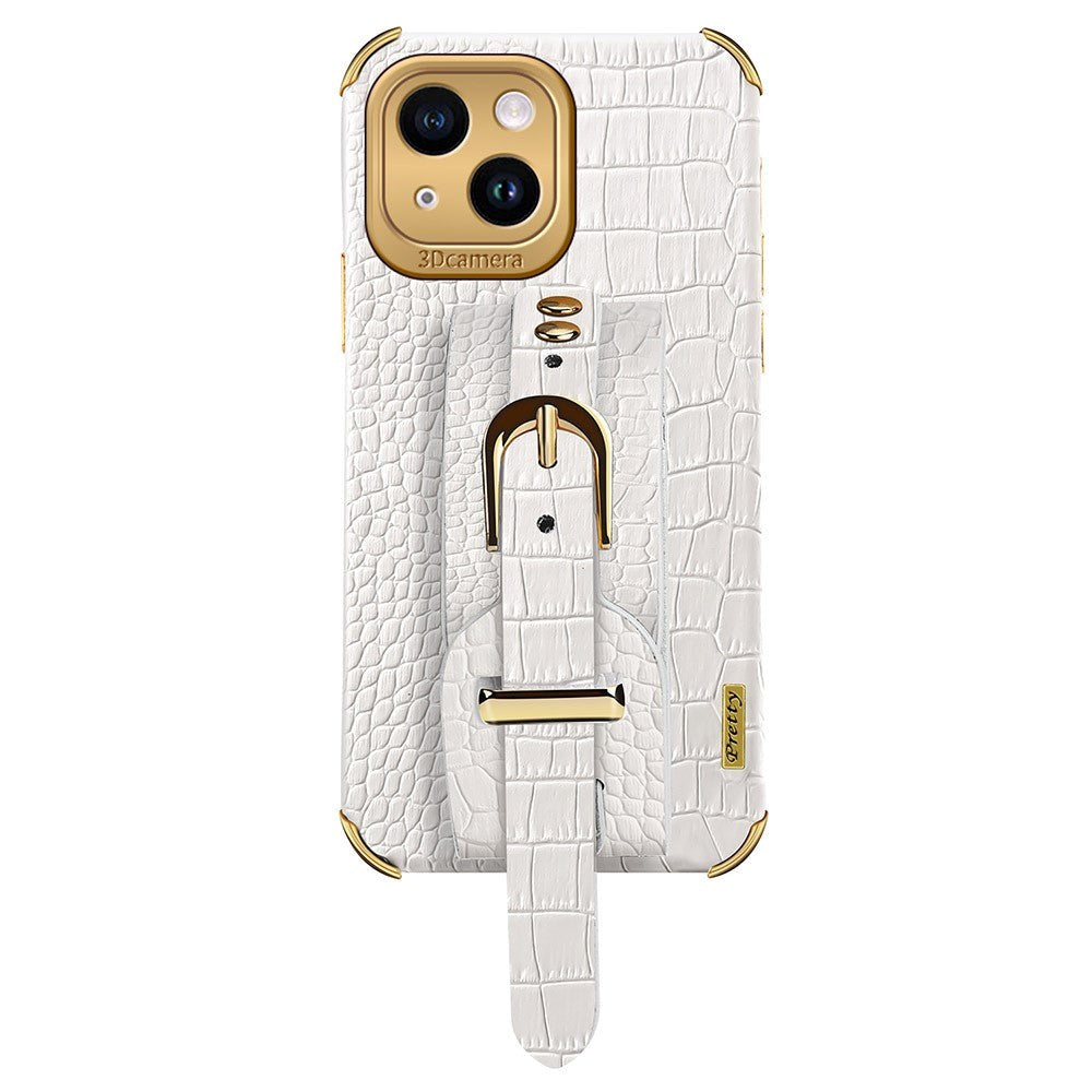 iPhone 14 Crocodile Leather Case with Built-in Strap - White