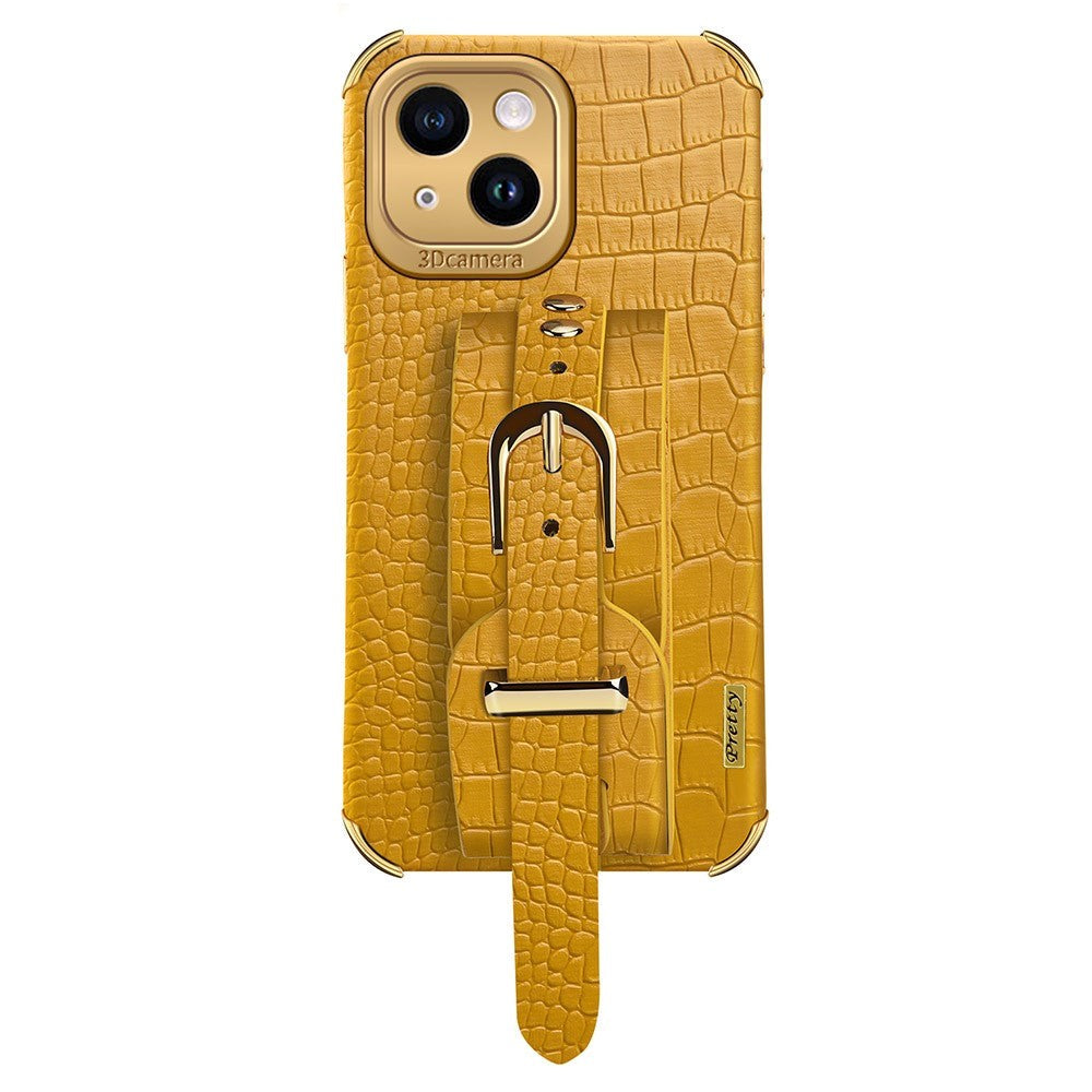 iPhone 14 Crocodile Leather Case with Built-in Strap - Yellow