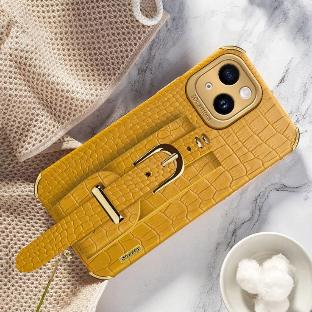 iPhone 14 Crocodile Leather Case with Built-in Strap - Yellow