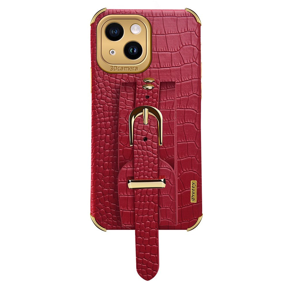 iPhone 14 Crocodile Leather Case with Built-in Strap - Red